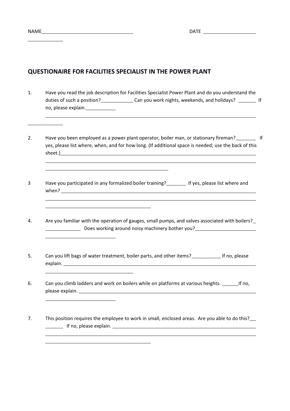 Questionaire for Facilities Specialist in the Power Plant