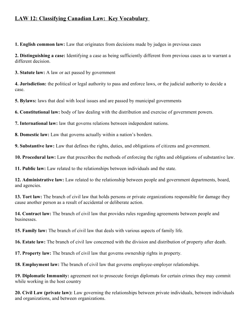 LAW 12: Classifying Canadian Law: Key Vocabulary