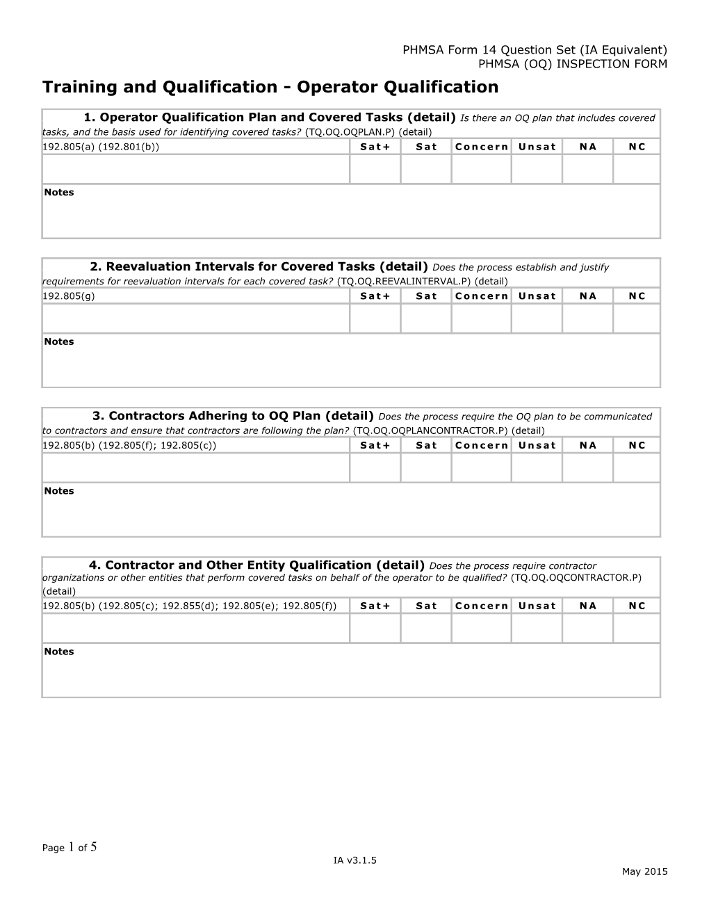 PHMSA Form 14 Question Set (IA Equivalent)
