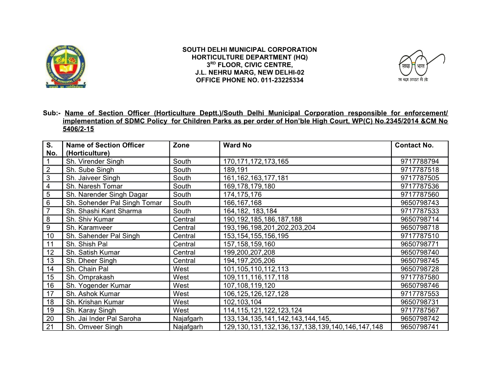 Sub:- Name of Section Officer (Horticulture Deptt.)/South Delhi Municipal Corporation