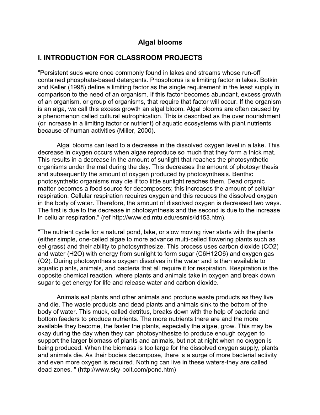 I. Introduction for Classroom Projects