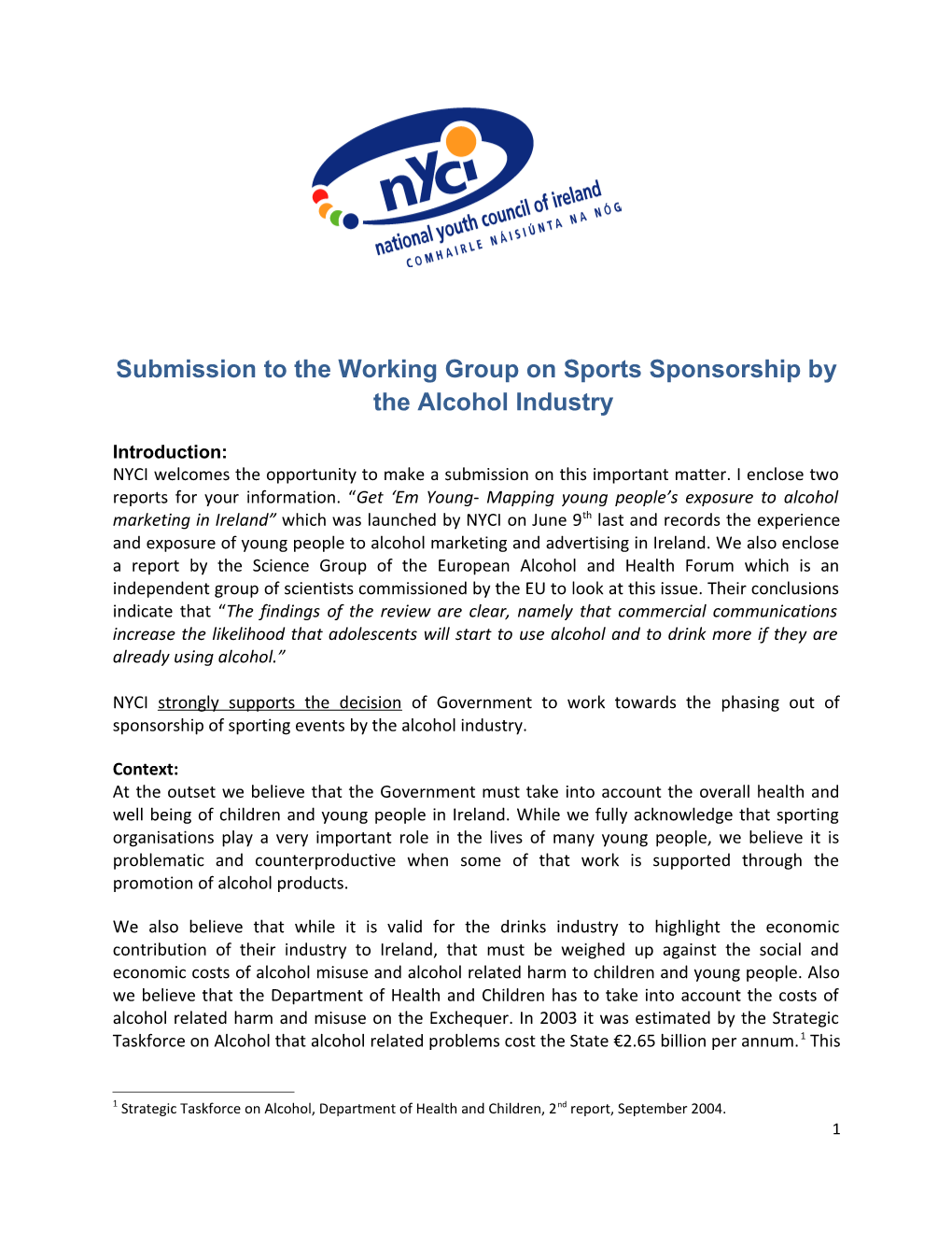 Submission to the Working Group on Sports Sponsorship by the Alcohol Industry