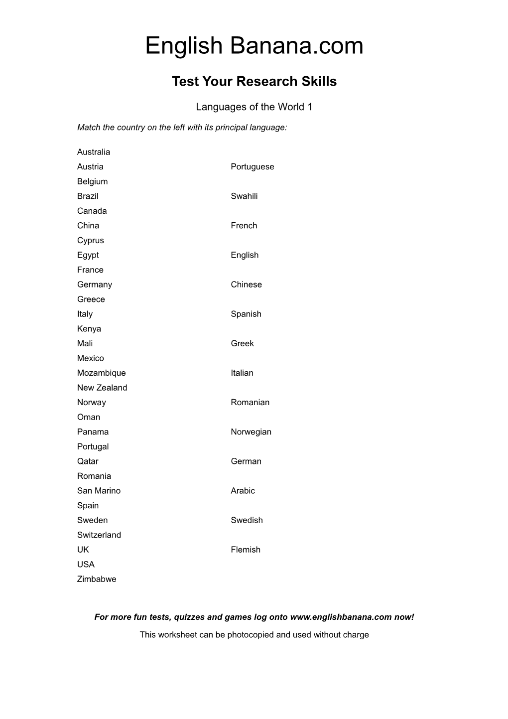 Match the Country on the Left with Its Principal Language