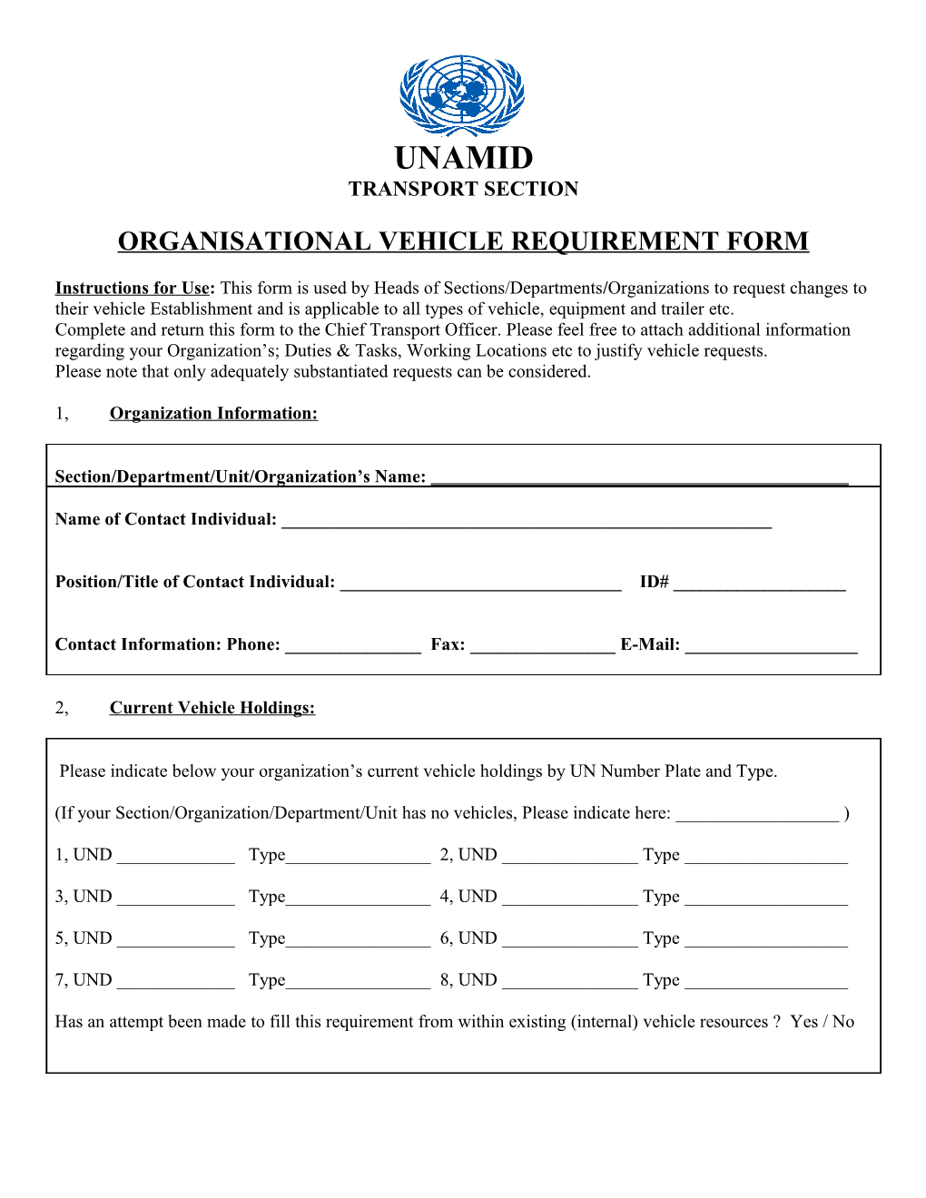 Organisational Vehicle Requirement Form