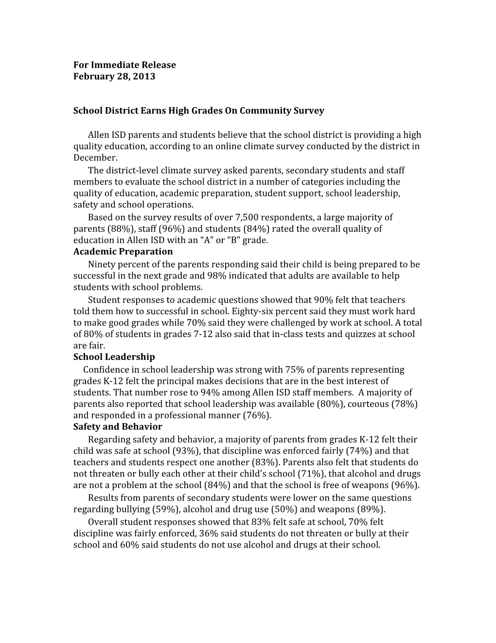School District Earns High Grades on Community Survey