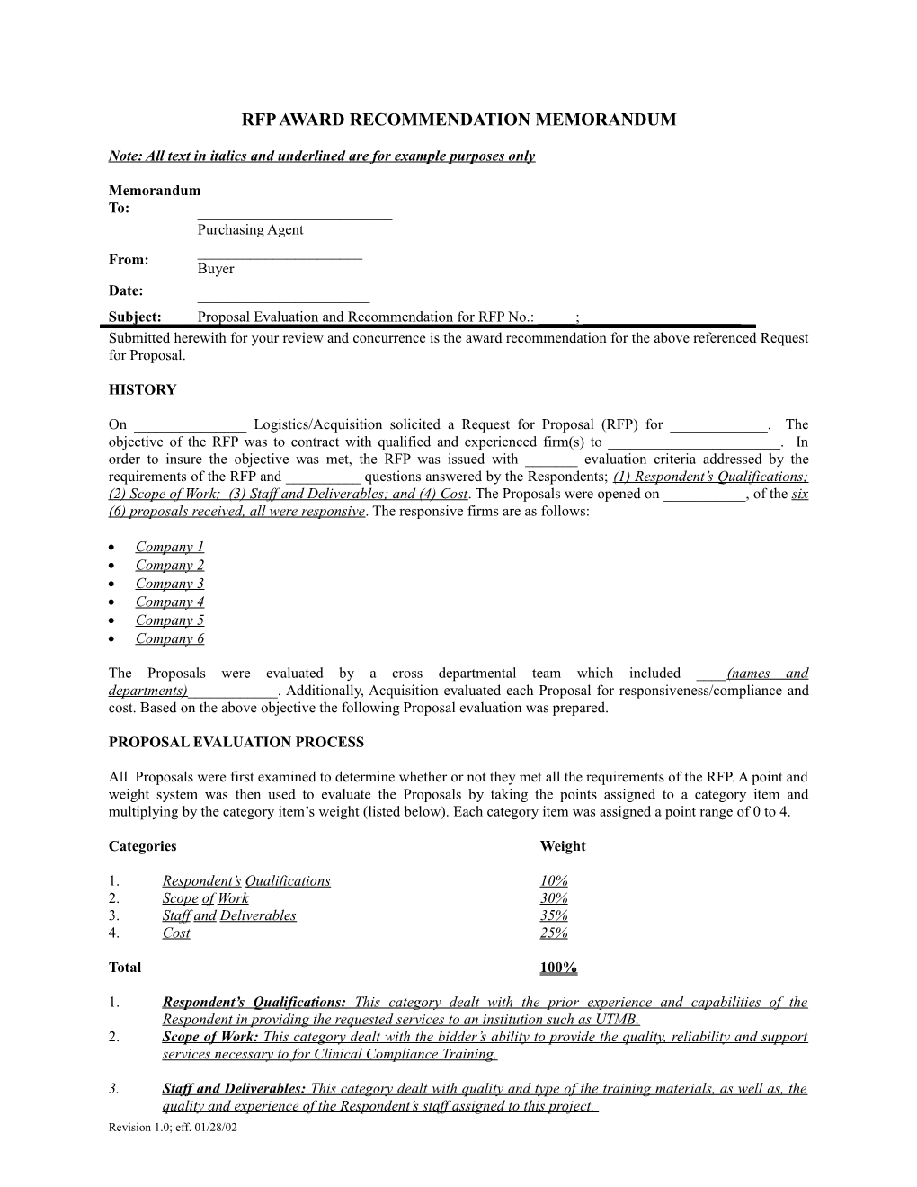 Rfp Award Recommendation Memorandum