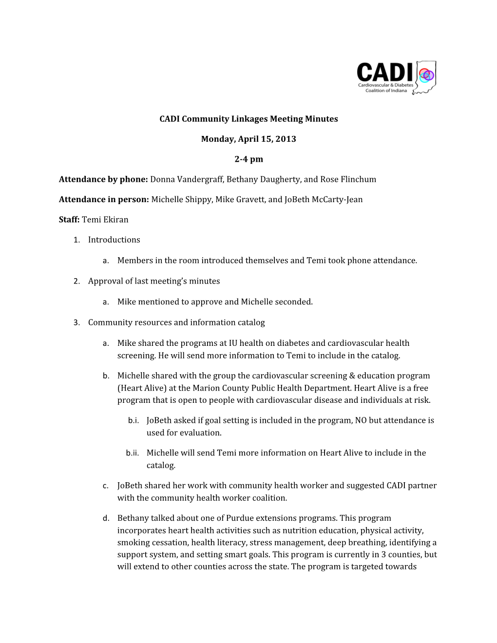 CADI Community Linkages Meeting Minutes