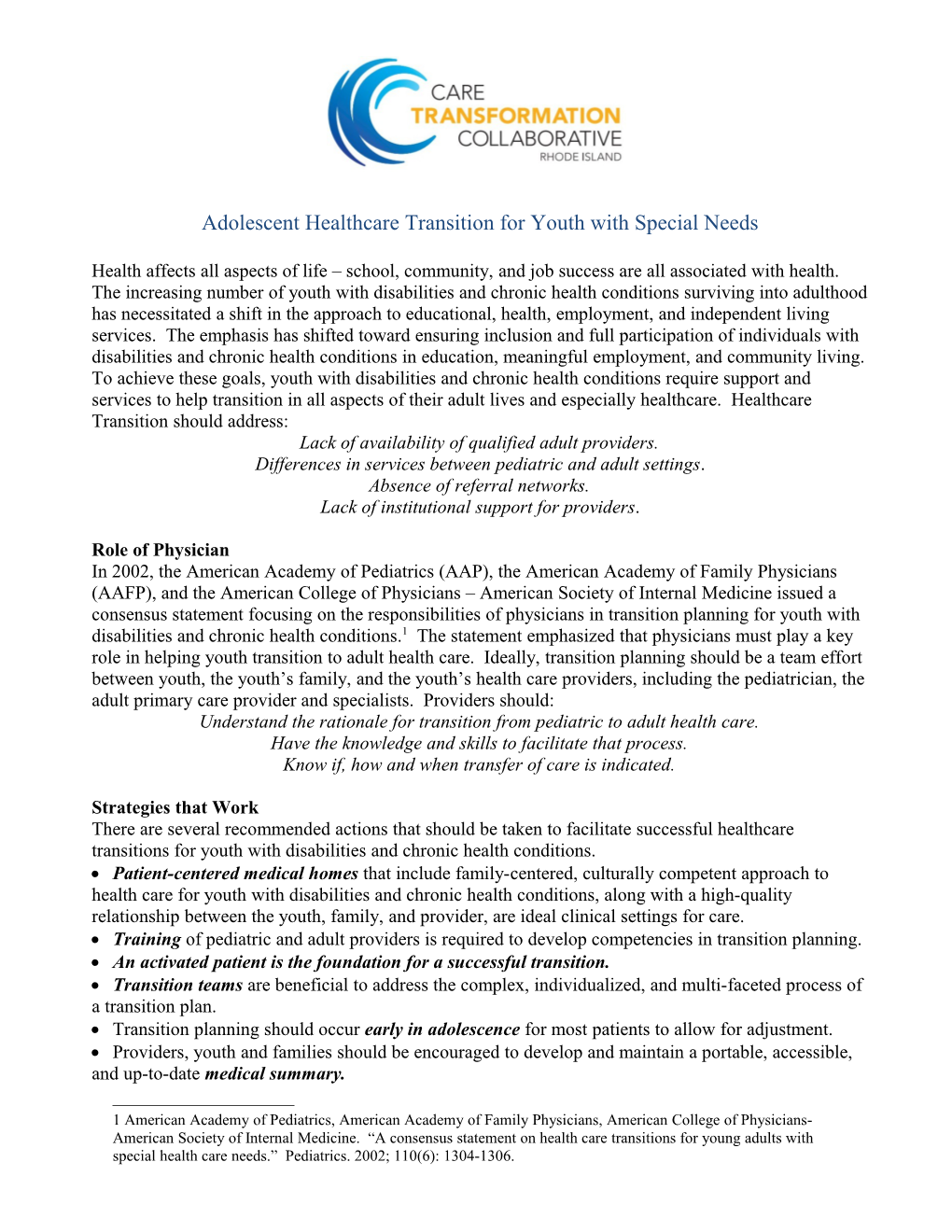 Adolescent Healthcare Transition for Youth with Special Needs