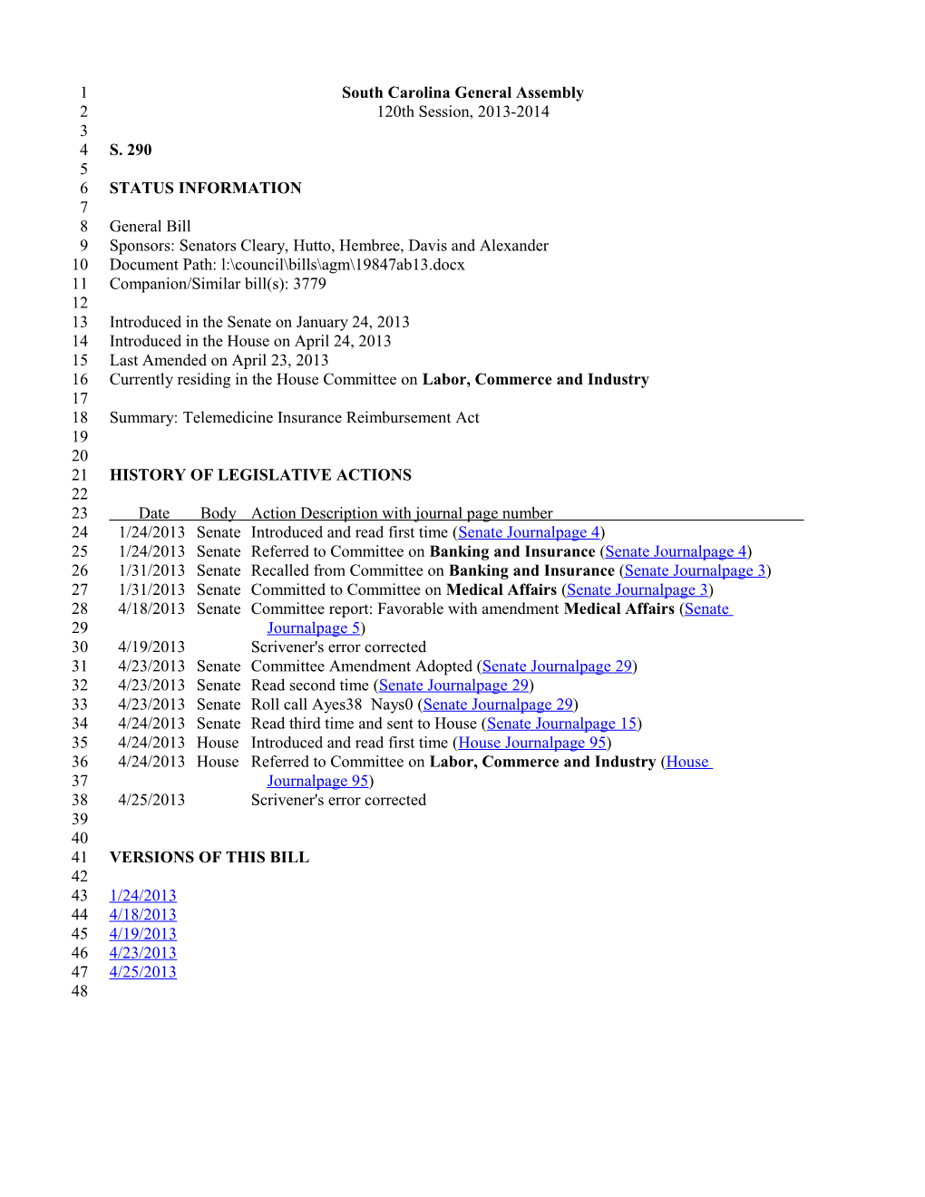 2013-2014 Bill 290: Telemedicine Insurance Reimbursement Act - South Carolina Legislature Online