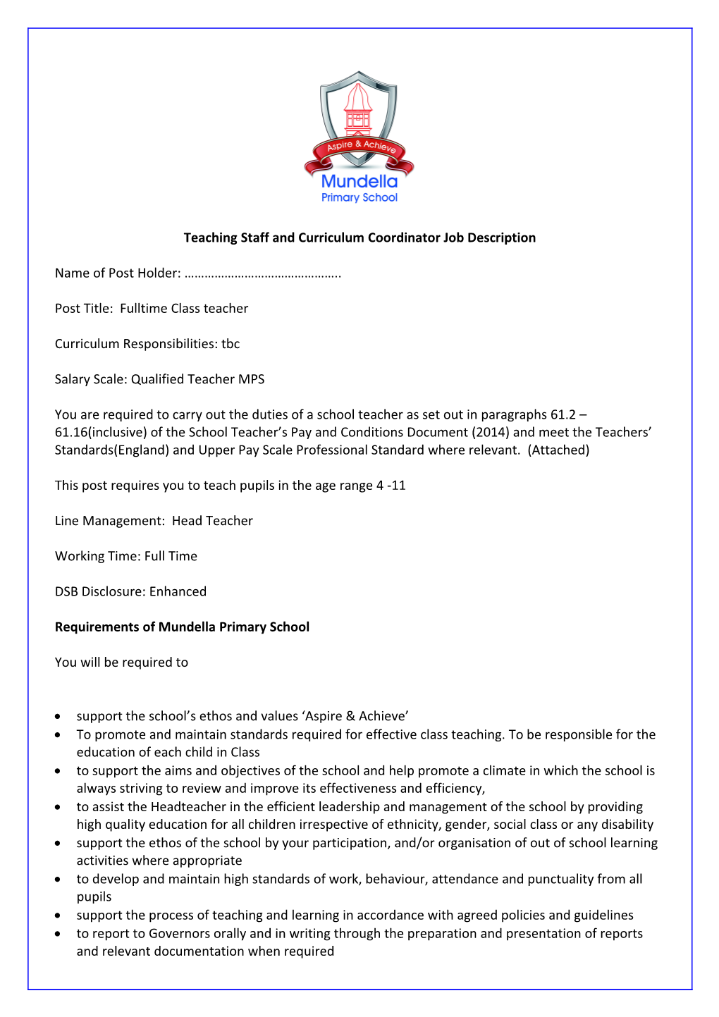 Teaching Staff and Curriculum Coordinator Job Description