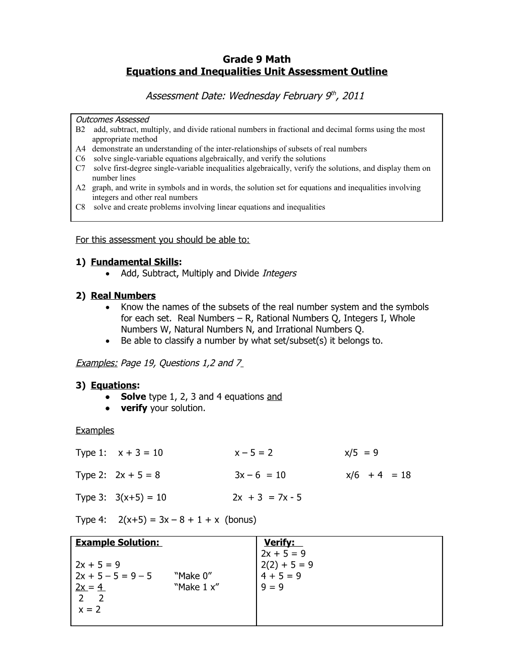Equations and Inequalities Unit Assessment Outline