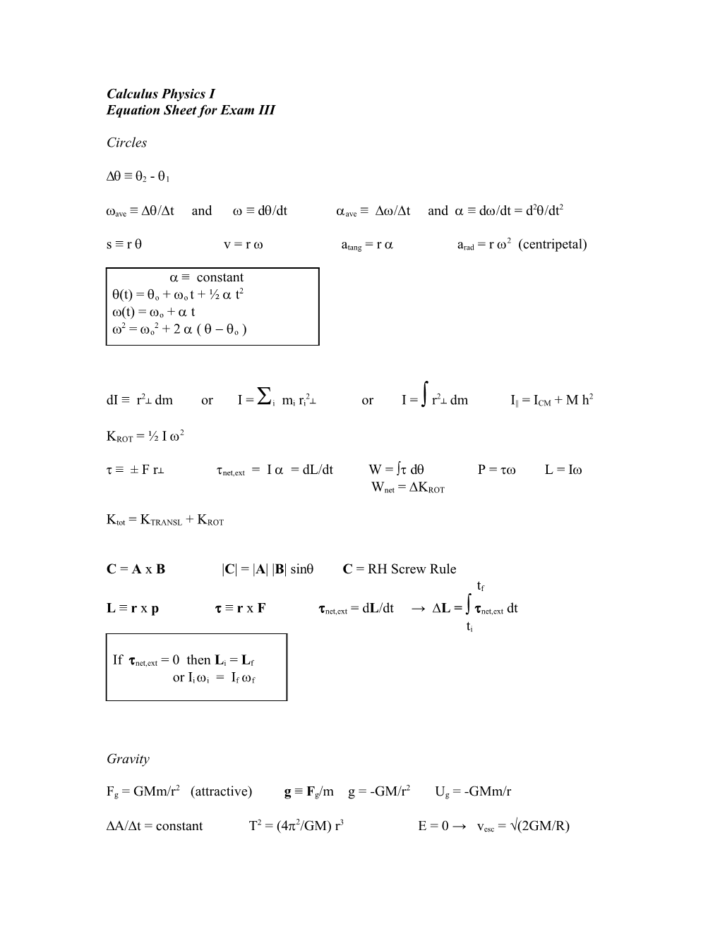 Equation Sheet for Exam III