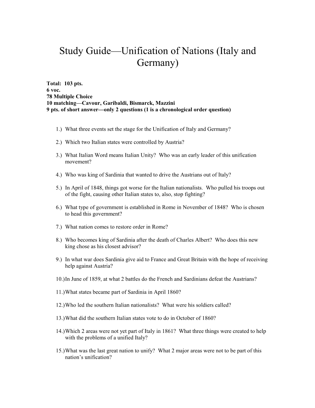 Study Guide—Unification Of Nations (Italy And Germany)