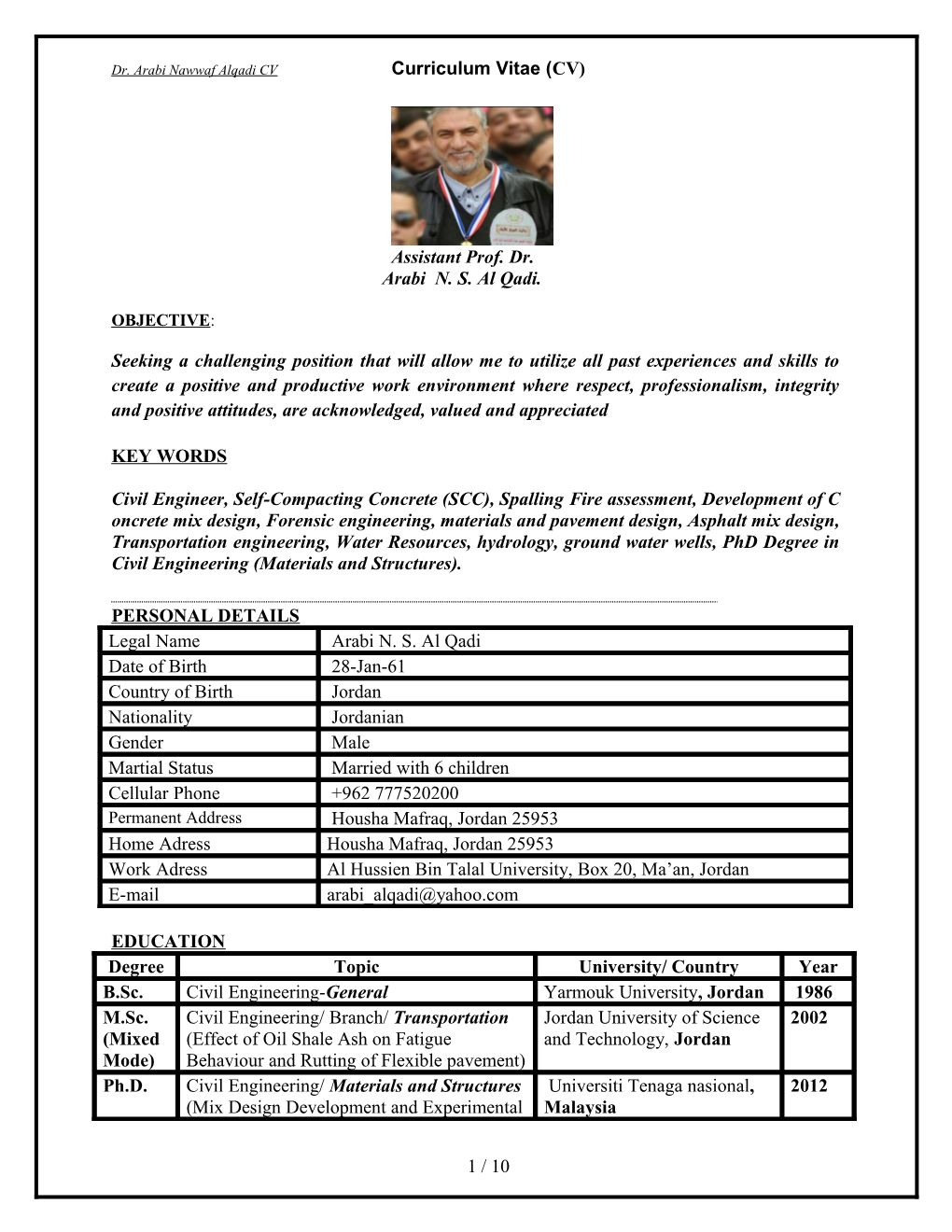 Dr. Arabi Nawwaf Alqadi CV Curriculum Vitae (CV)