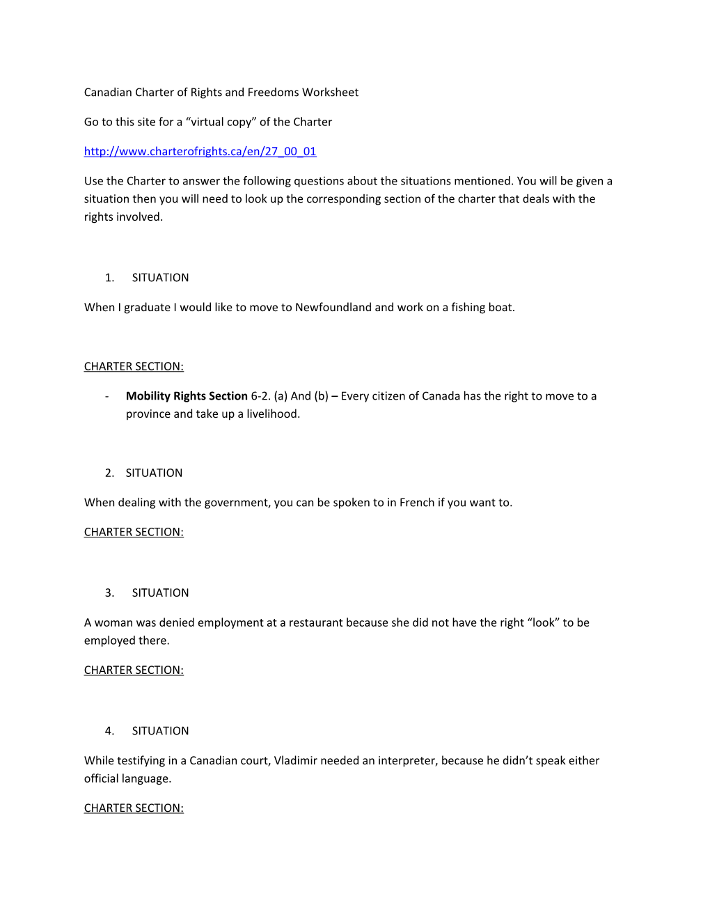 Canadian Charter of Rights and Freedoms Worksheet