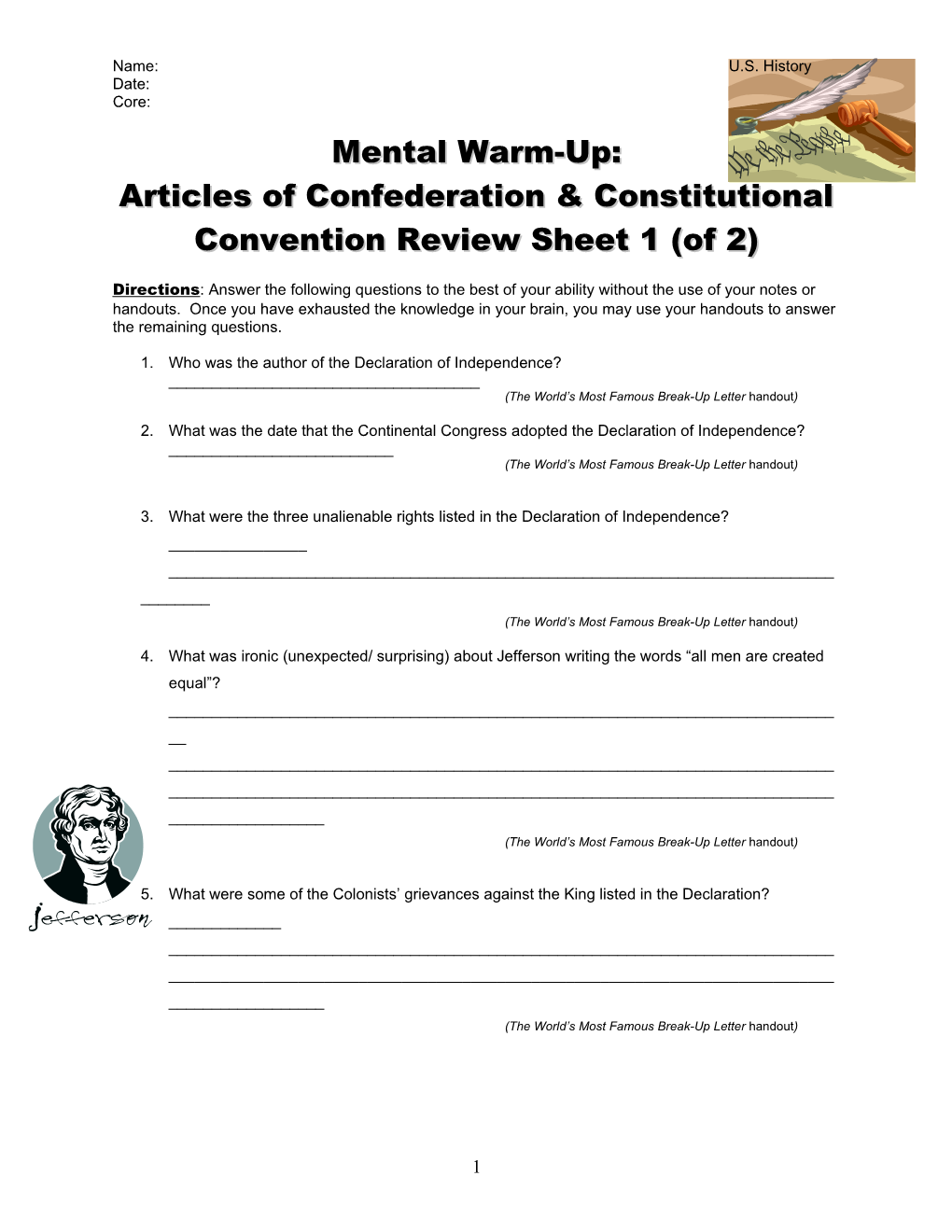 Articles of Confederation & Constitutional Convention Review Sheet 1 (Of 2)