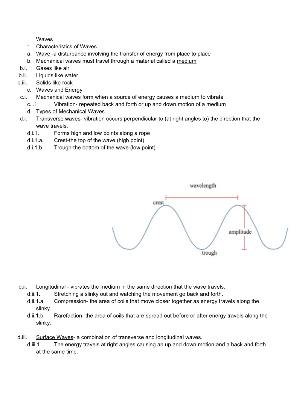 Wave -A Disturbance Involving the Transfer of Energy from Place to Place