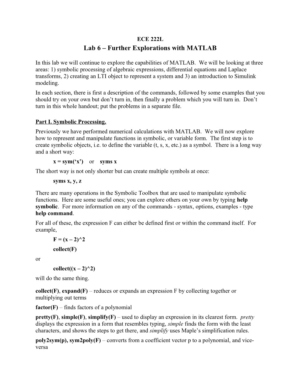 Lab 6 Further Explorations with MATLAB