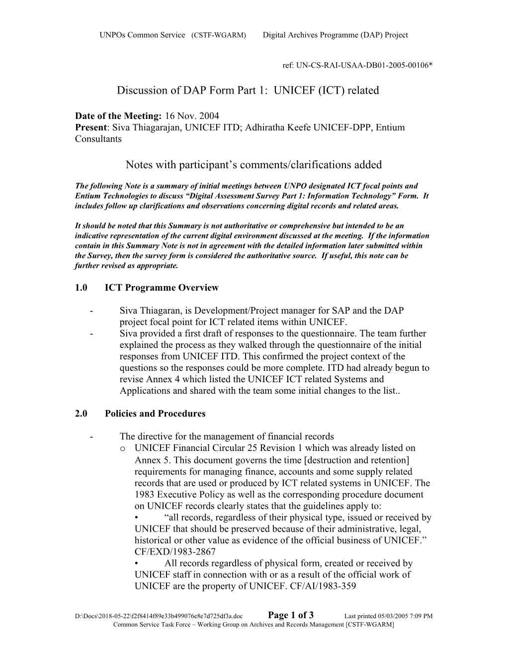 UNICEF: Summary of Meeting Notes for DAP