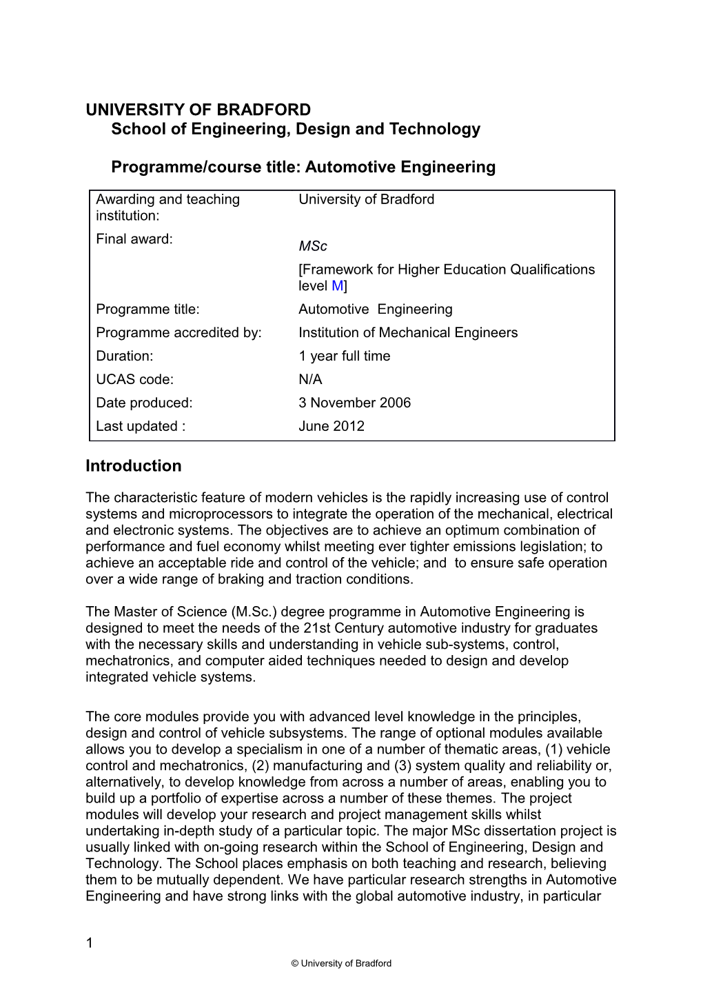 UNIVERSITY of Bradfordschool of Engineering, Design and Technologyprogramme/Course