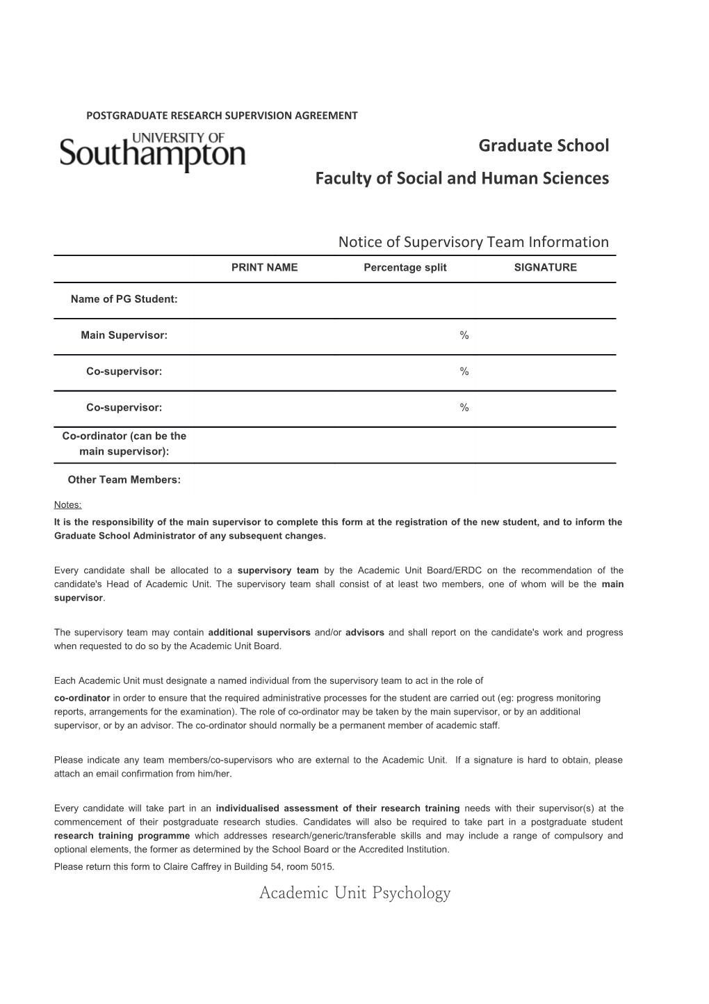Postgraduate Research Supervision Agreement