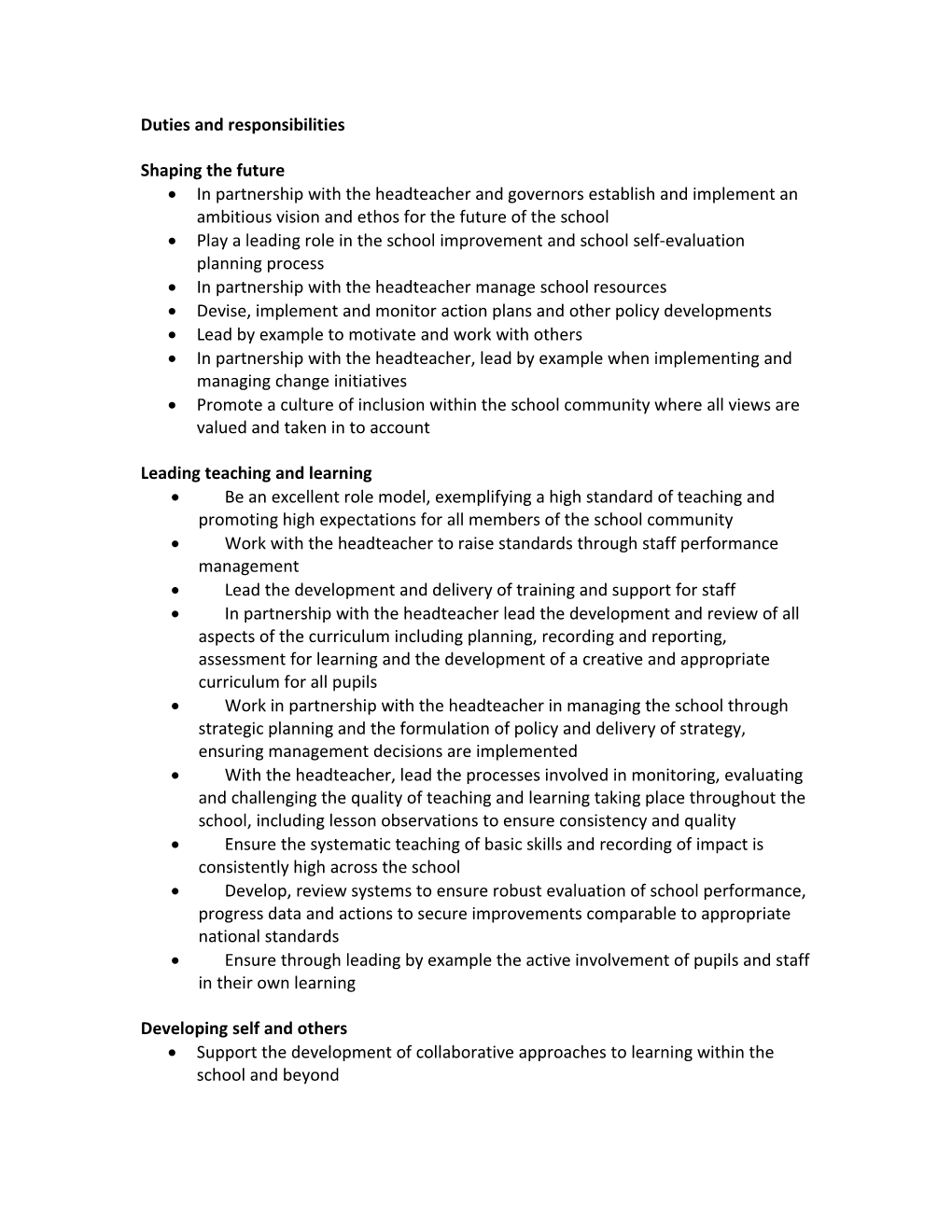 An Example Job Description for a Deputy Headteacher/ Assistant Headteacher