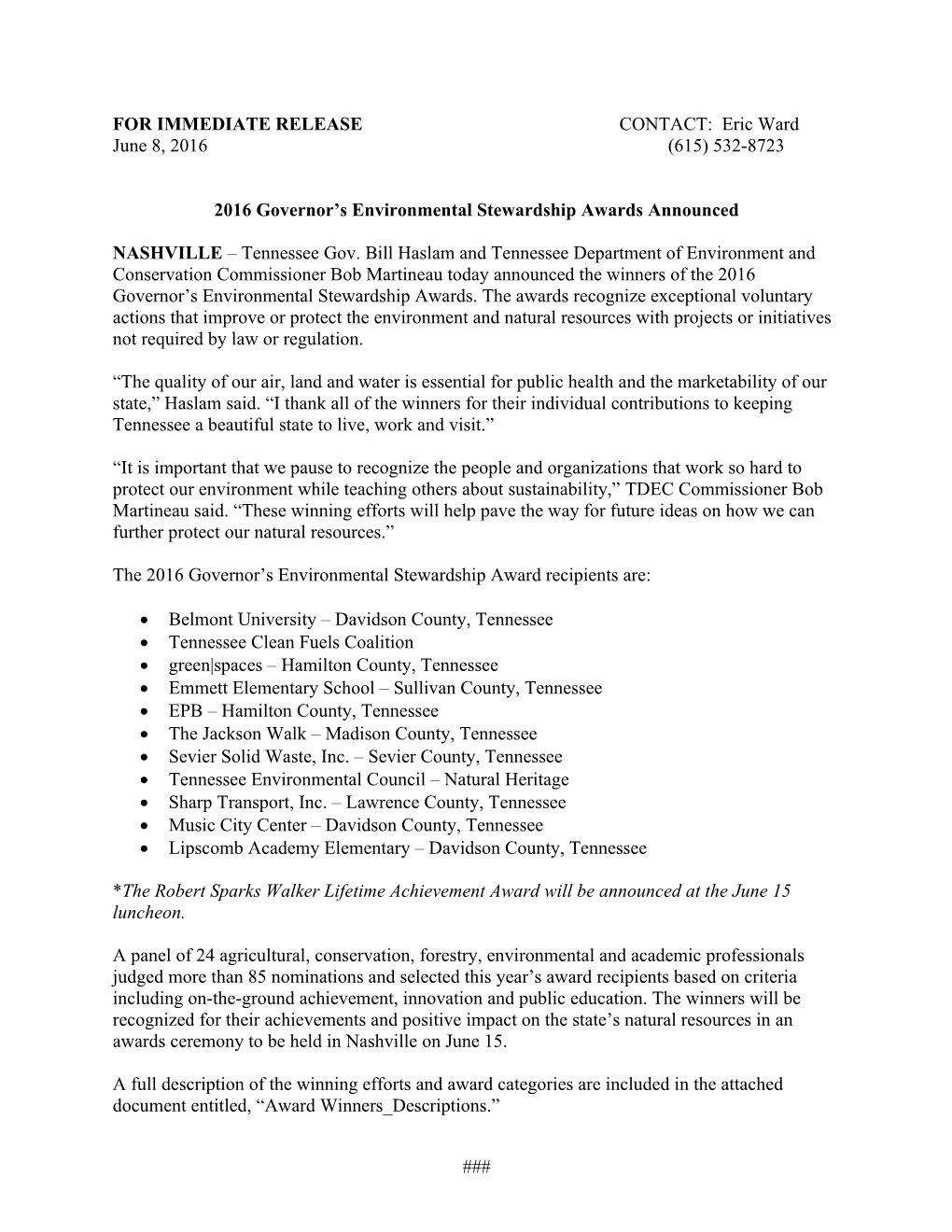 2016 Governor S Environmental Stewardship Awards Announced