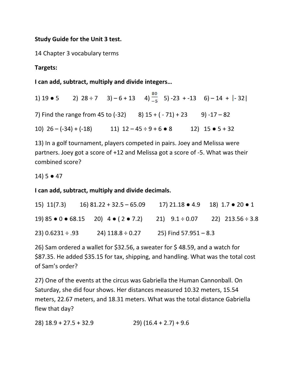 Study Guide for the Unit 3 Test