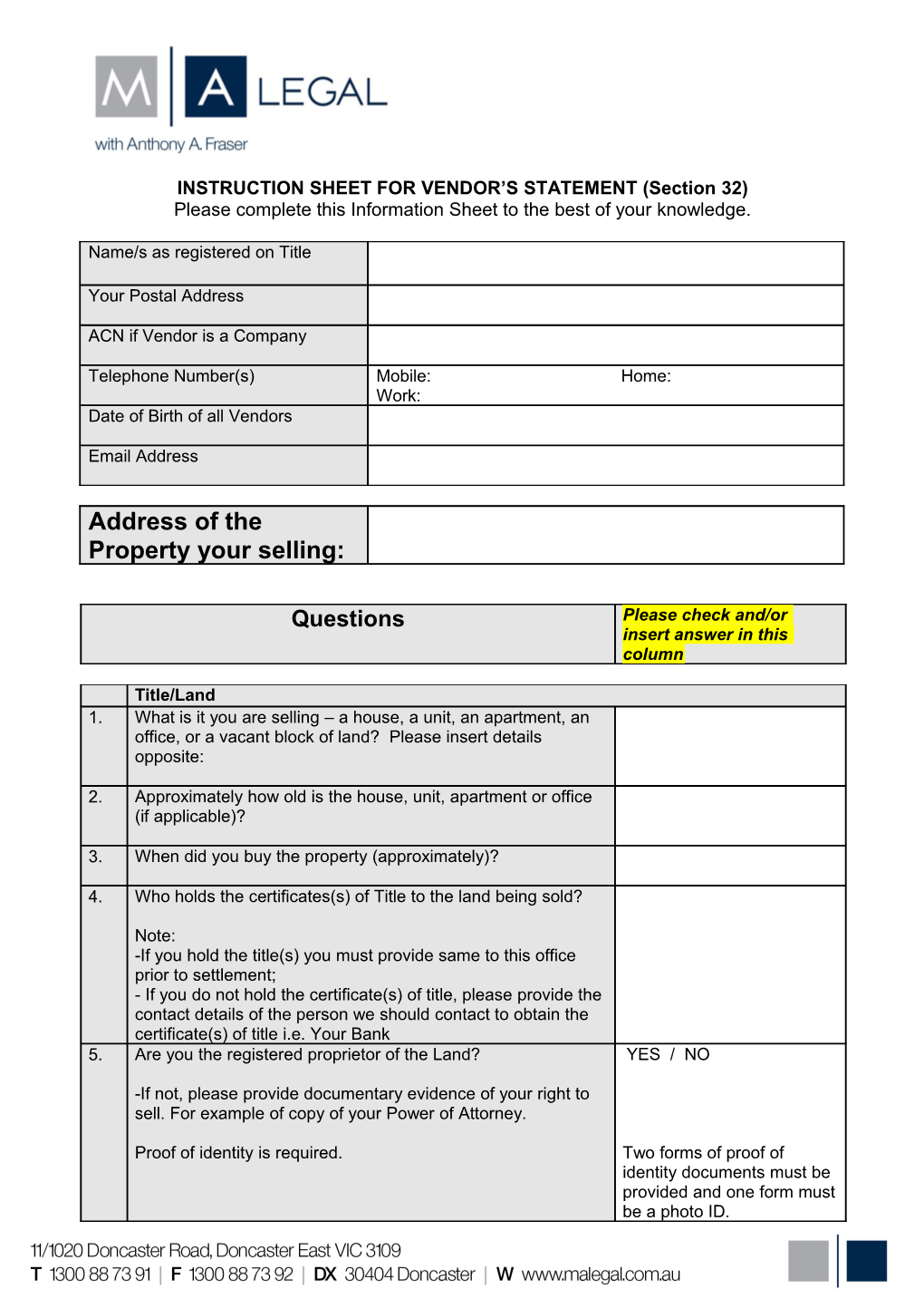 INSTRUCTION SHEET for VENDOR S STATEMENT (Section 32)