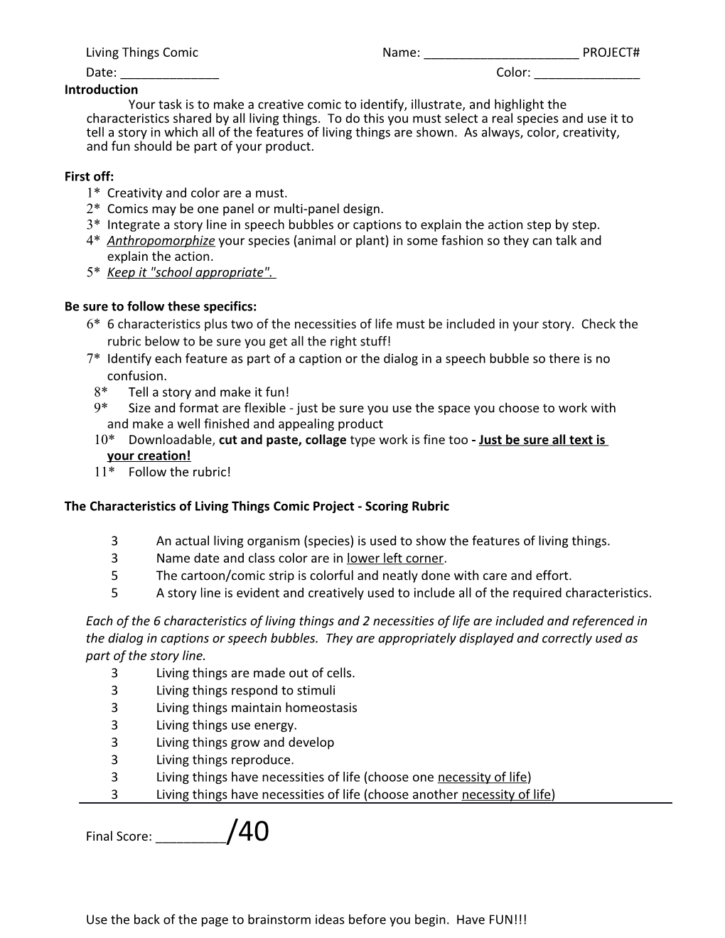 The Features of Living Things Mini-Project - Scoring Rubric