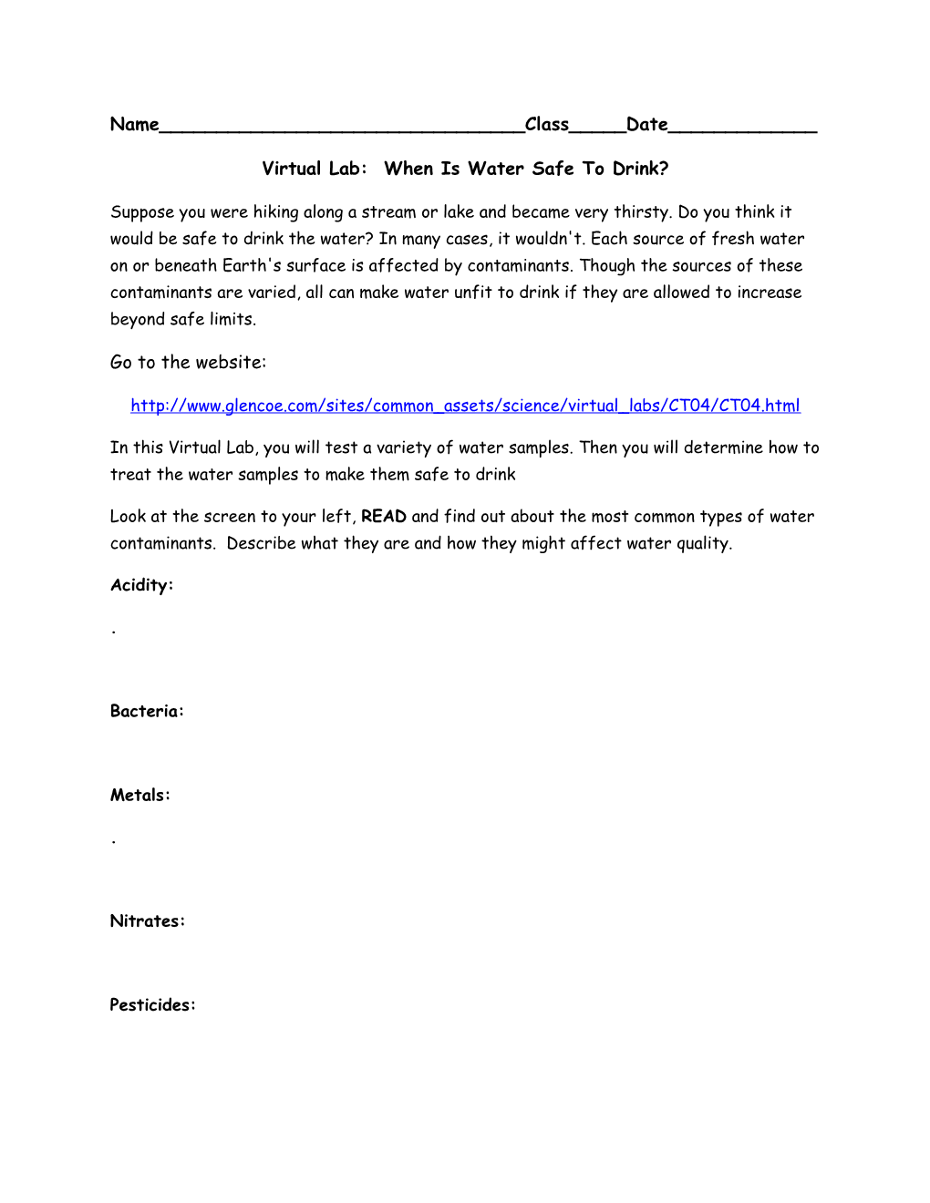 Virtual Lab: When Is Water Safe to Drink? s1