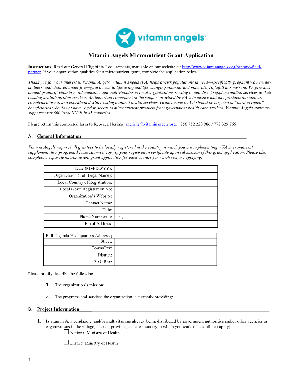 Vitamin Angels Micronutrient Grant Application