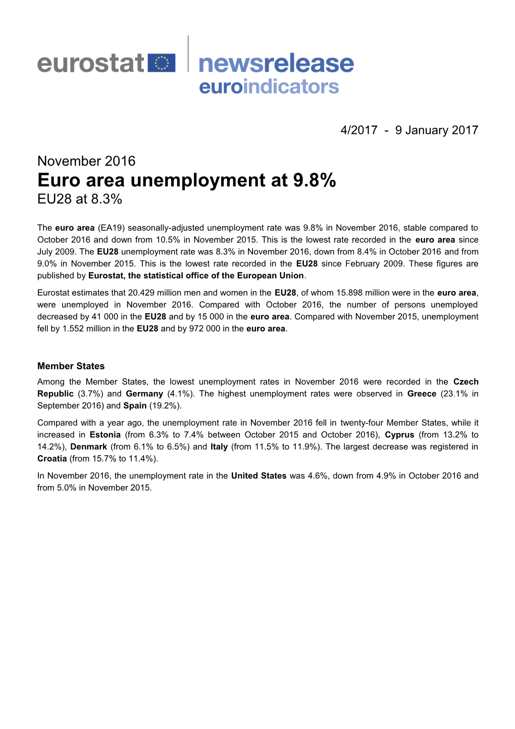 Euro Area Unemployment At9.8%