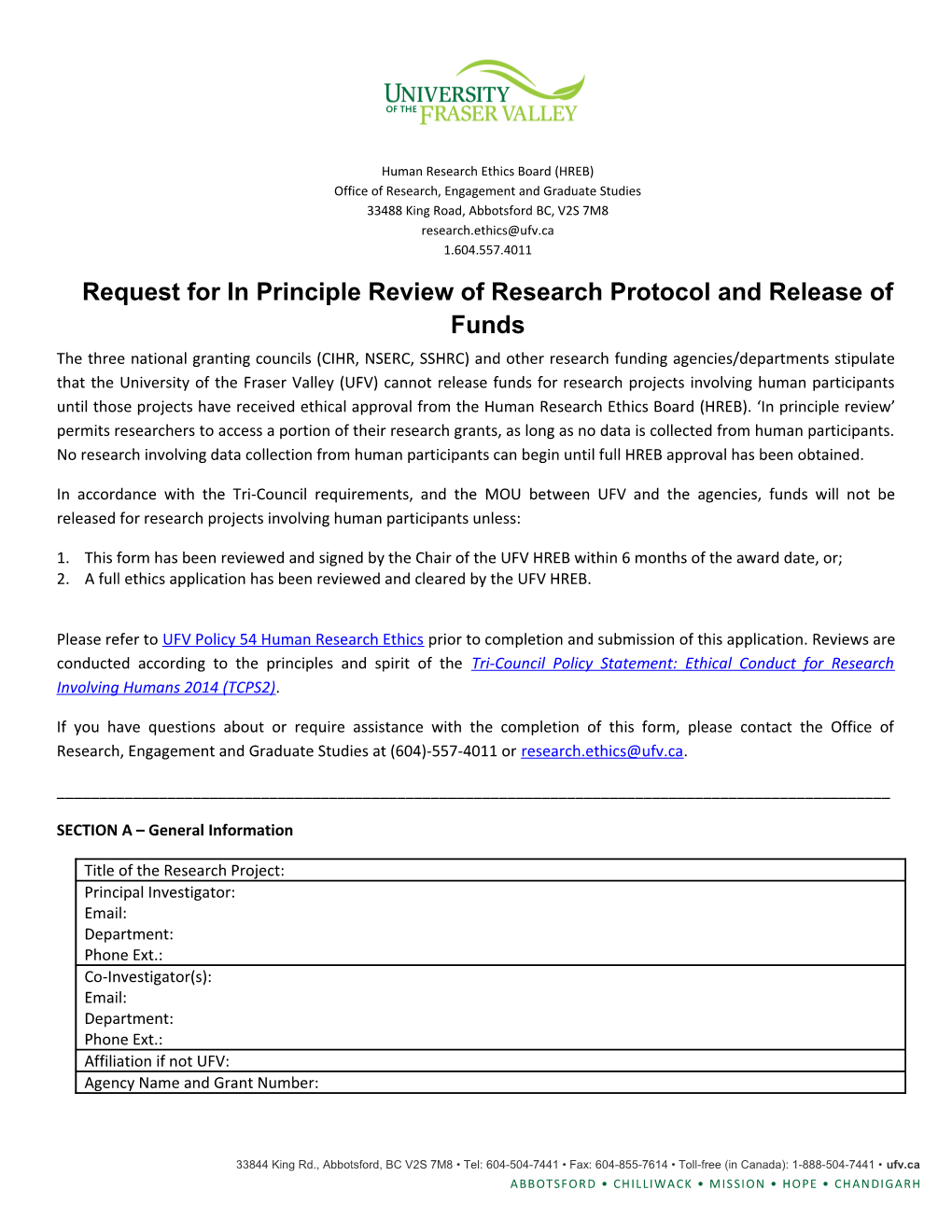 Request for in Principle Review of Research Protocol and Release of Funds