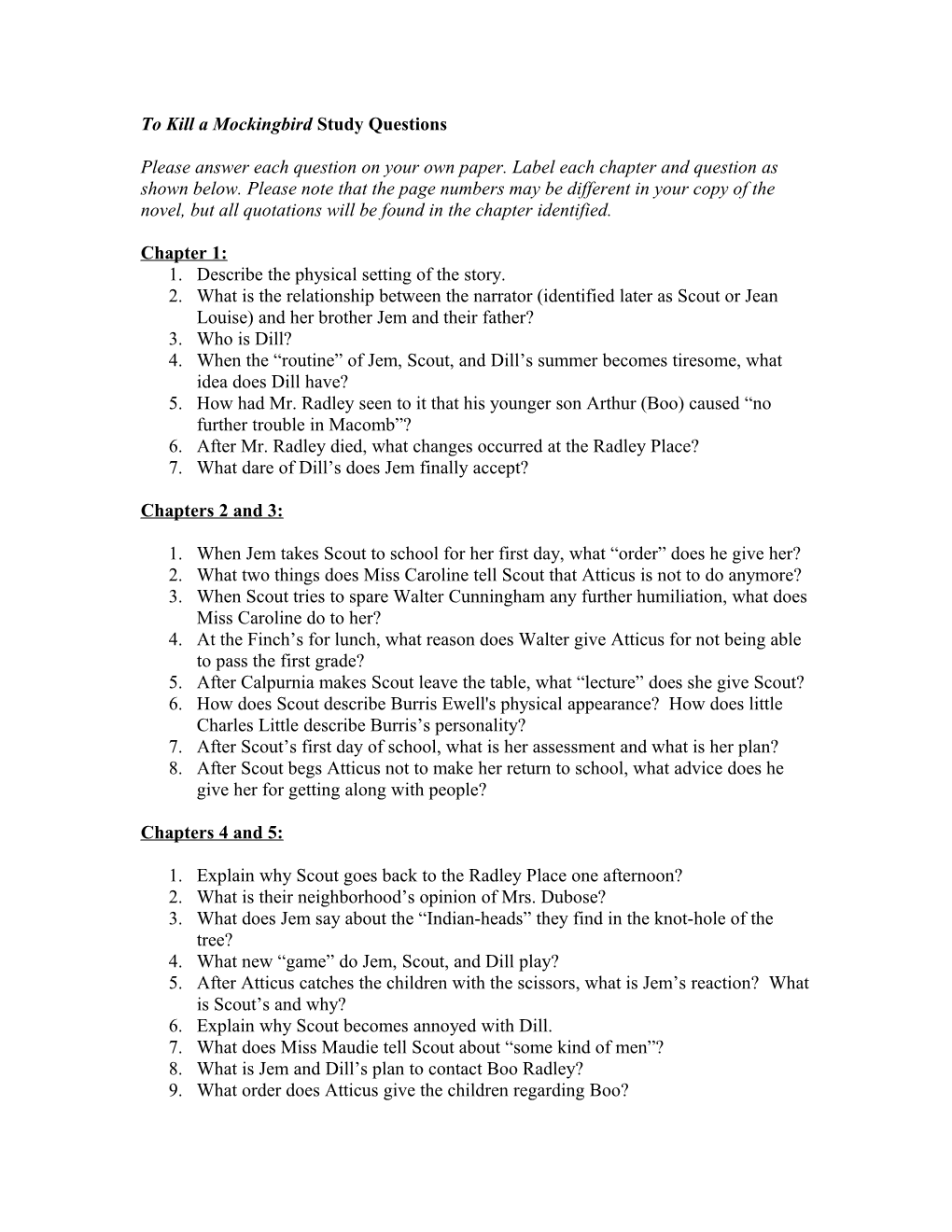 To Kill a Mockingbird Study Questions s1