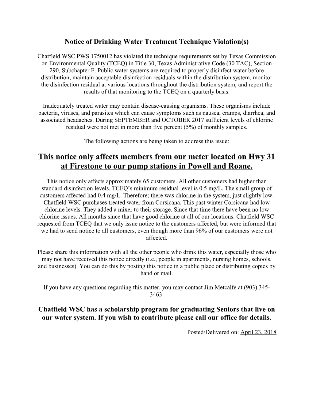 Notice of Drinking Water Treatment Technique Violation(S)