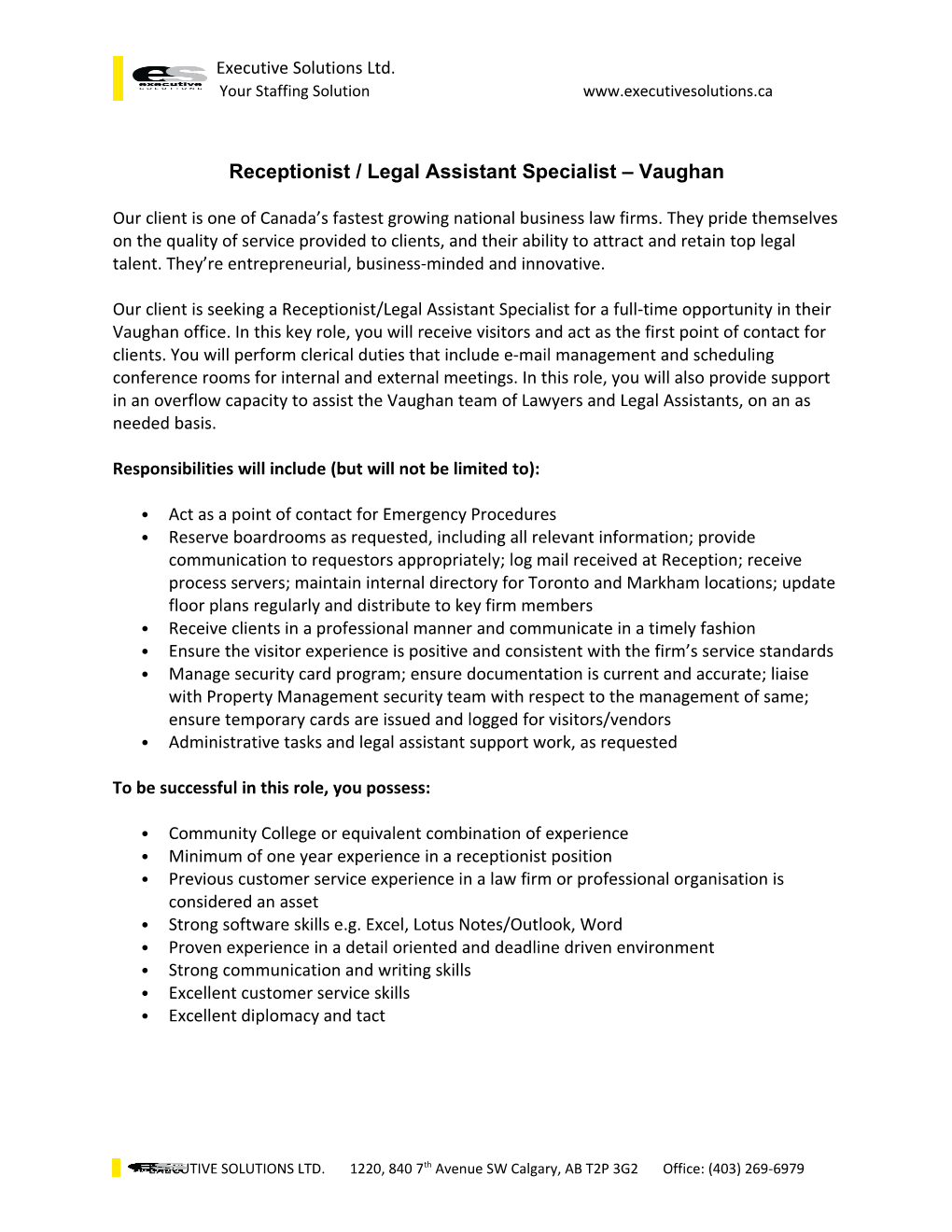 Receptionist / Legal Assistant Specialist Vaughan