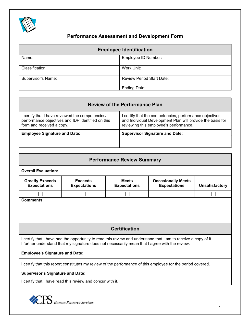 Performance Assessment and Development Form