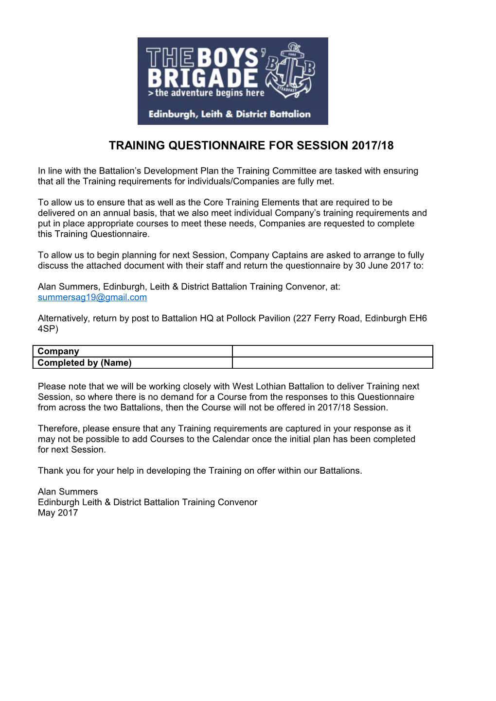 Training Questionnaire for Session 2017/18