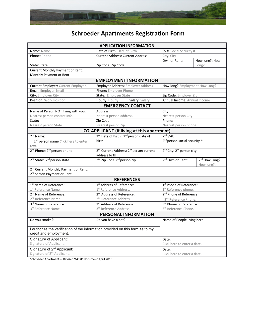 Schroeder Apartments Registration Form