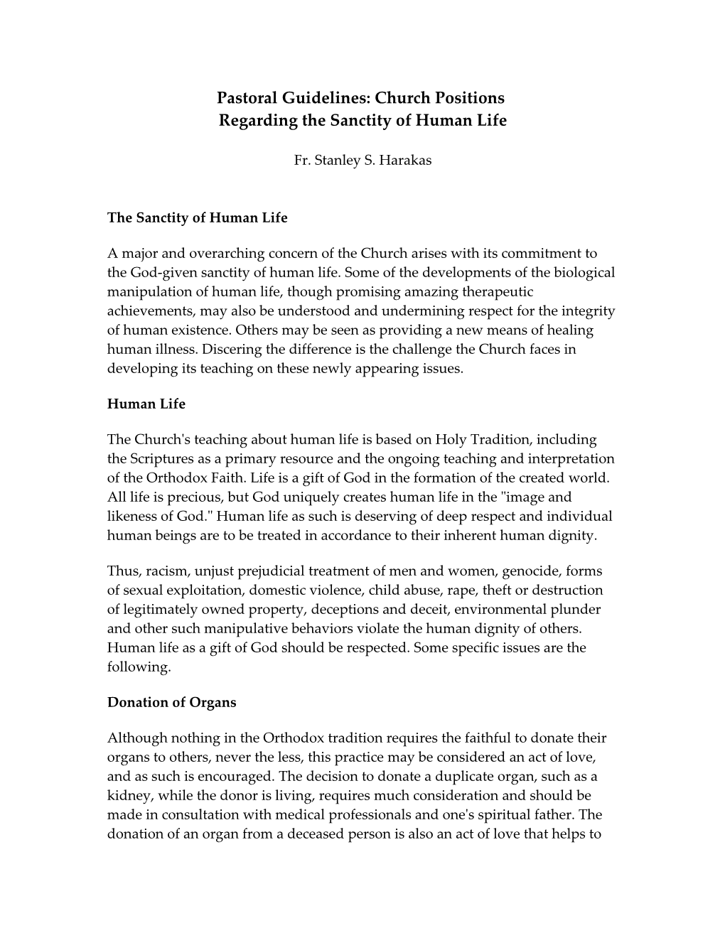 Pastoral Guidelines: Church Positions Regarding the Sanctity of Human Life