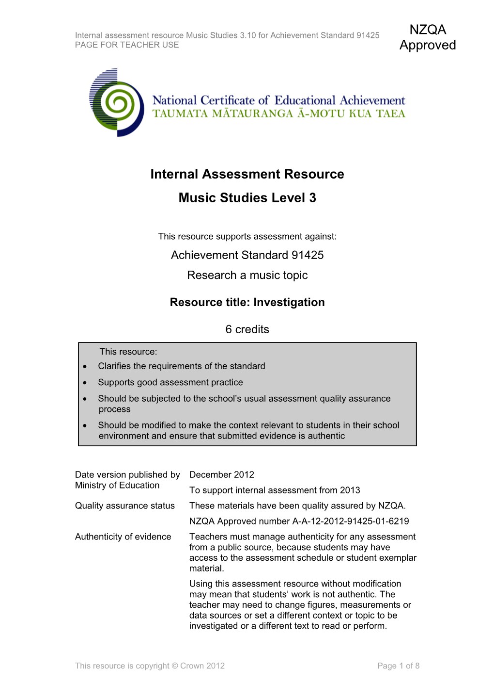 Level 3 Music Studies Internal Assessment Resource