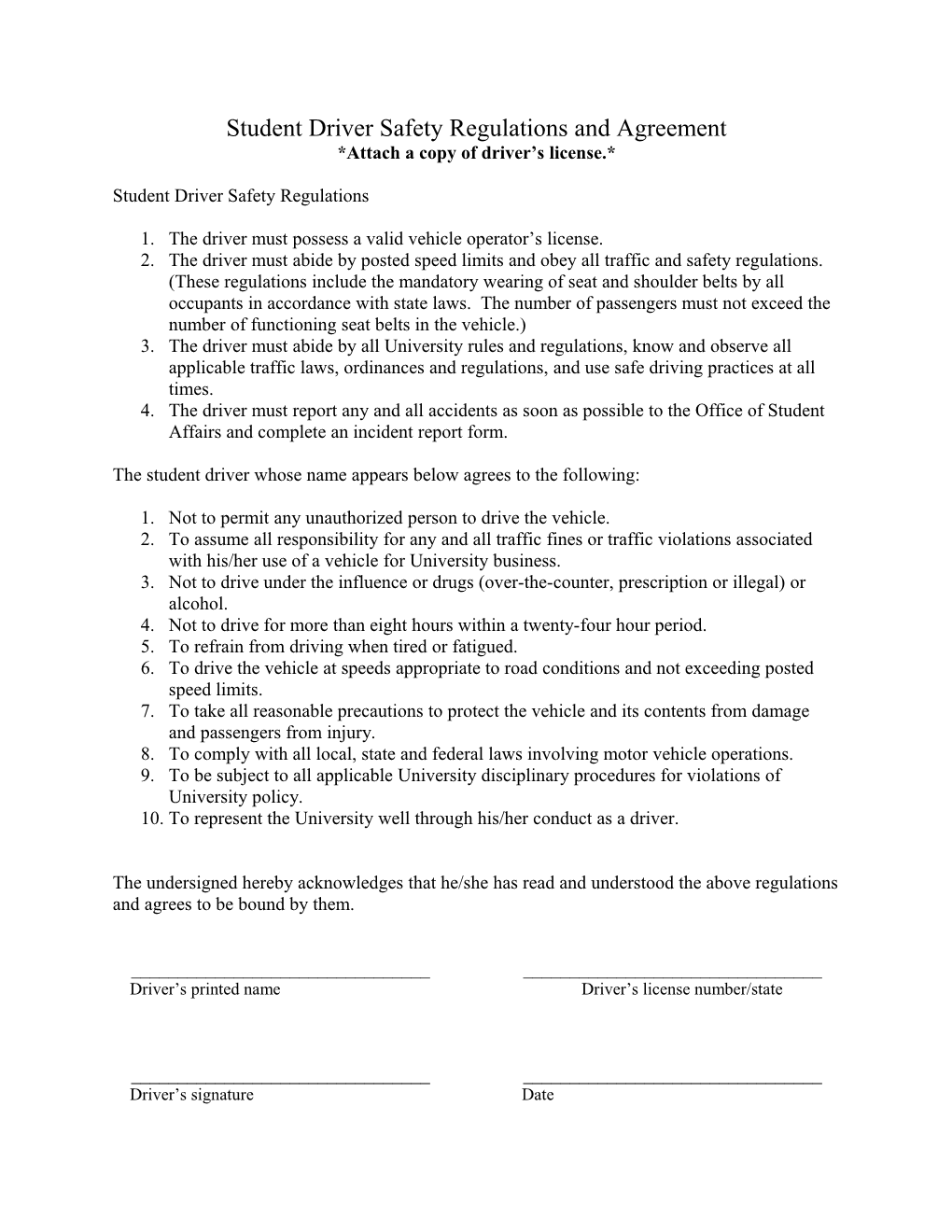Student Driver Safety Regulations and Agreement