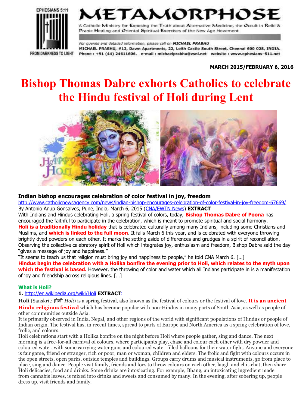 Bishop Thomas Dabre Exhorts Catholics to Celebrate the Hindu Festival of Holi During Lent