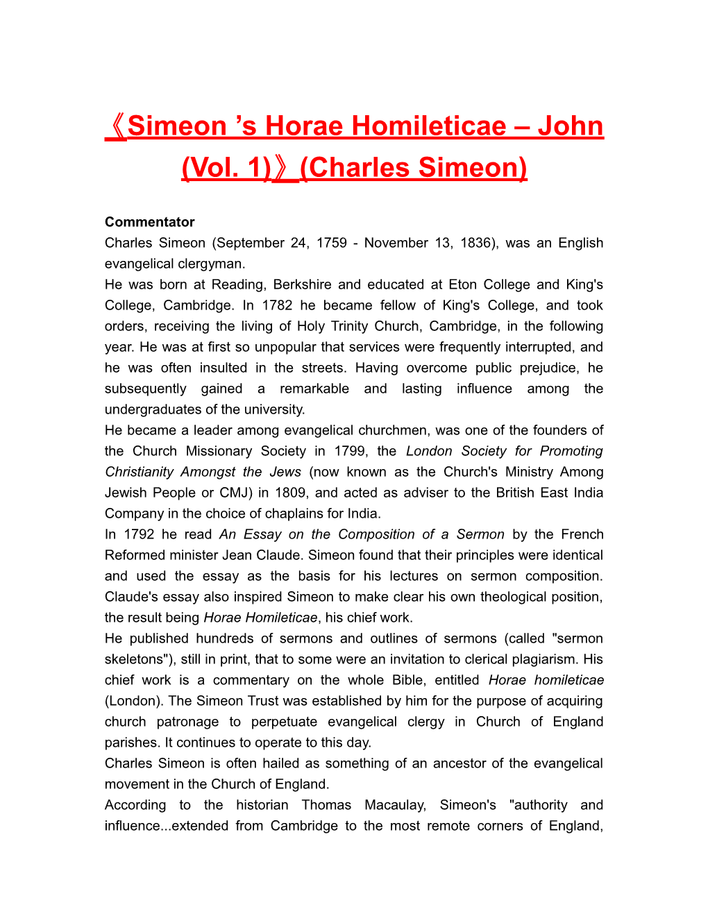 Simeon S Horae Homileticae John (Vol. 1) (Charles Simeon)