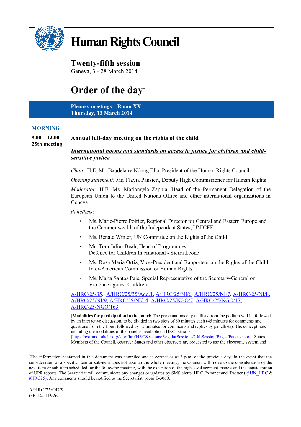 Thrusday, 13 March 2014, Order of the Day in English (Word)