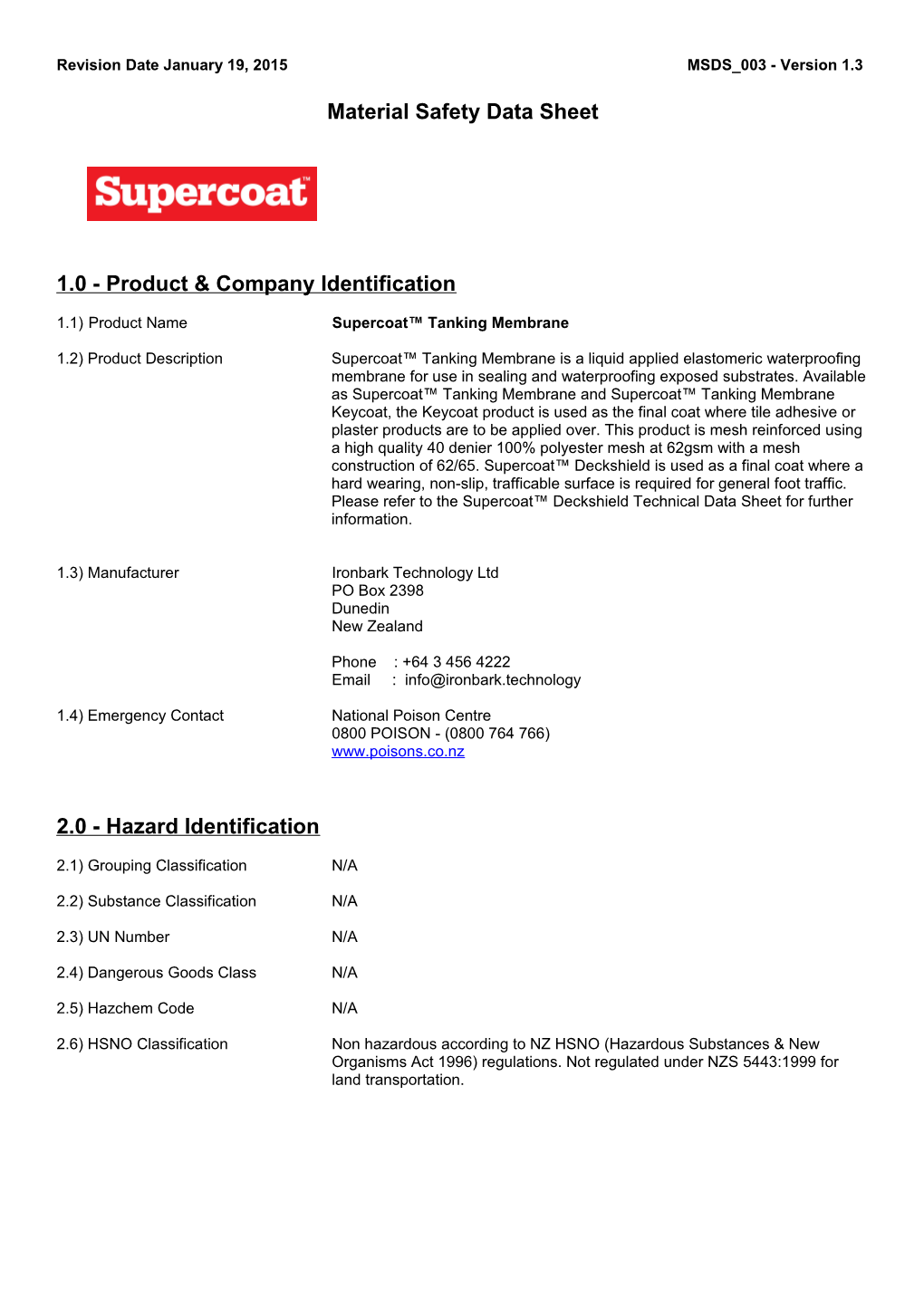 Revision Date January 19, 2015 MSDS 003 - Version 1.3