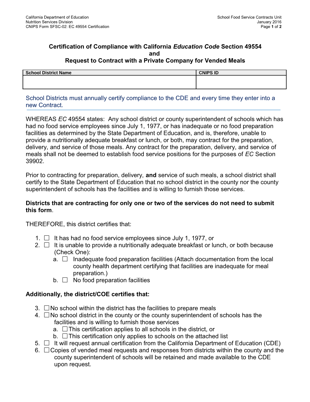 EC 49554 Certification of Compliance - School Nutrition (CA Dept of Education)