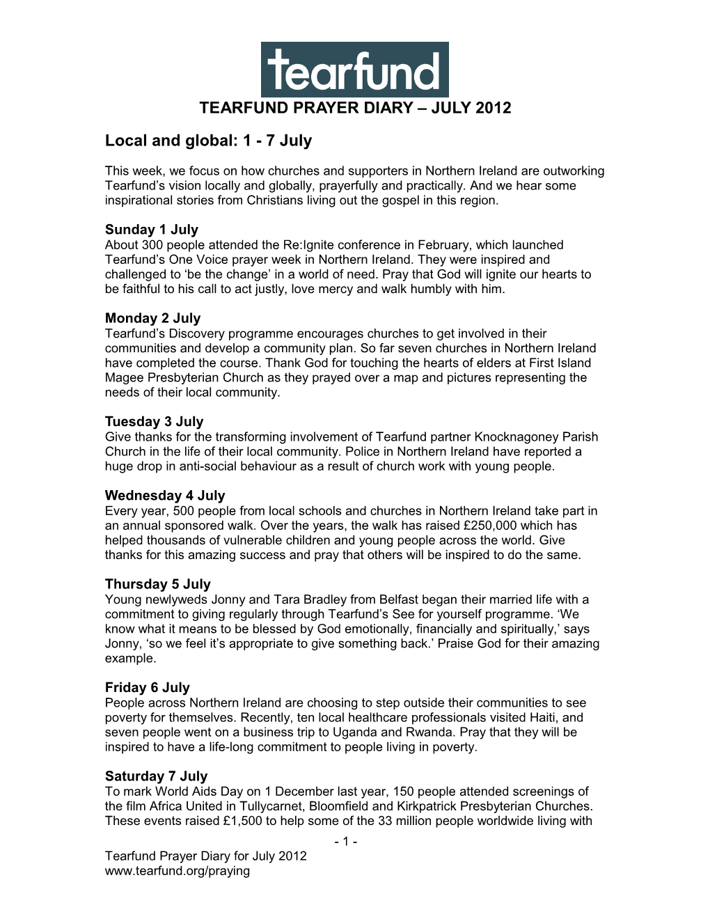 The Tearfund Prayer Diary for January 2012 s1