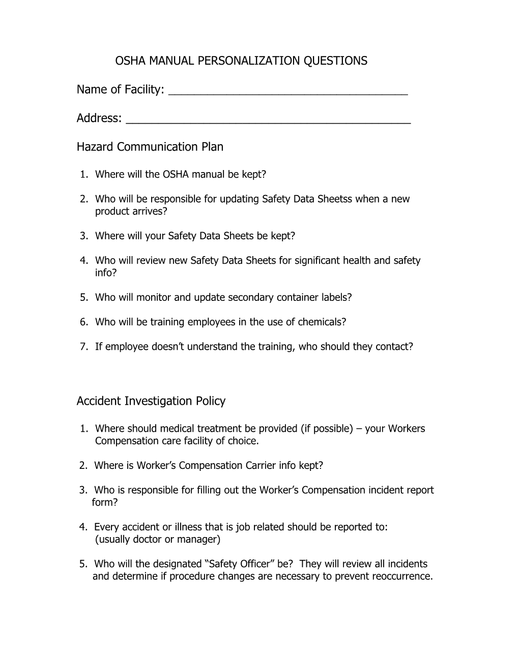 Osha Manual Personalization Questions